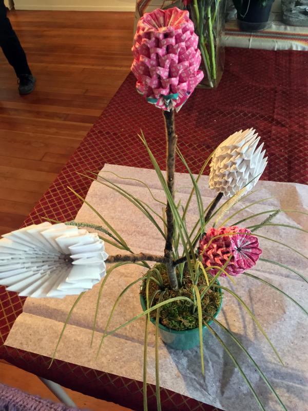 Paper flowers. The pink ones are made from lottery tickets. SUZI THAYER/Boothbay Register