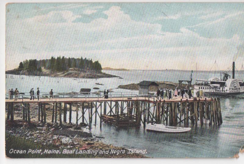 This color postcard of Negro Island from about 1905 shows Melvin Sawyer's fish weir in disrepair. There are brownish camps on the island tip, though readers may be unable to make them out. The image is an example of early photoshopping. The side-wheeler steamer Mt. Washington, built 1872, never left Lake Winnepasaukee in her 67-year career. Courtesy of Boothbay Region Historical Society