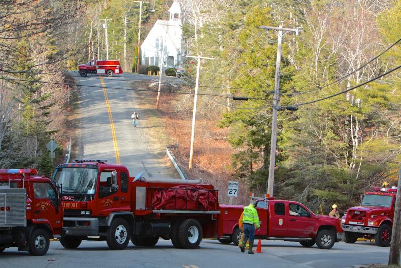 Area firefighters set up their vehicles for the drill on Southport Island April 19. Courtesy of Robert Mitchell