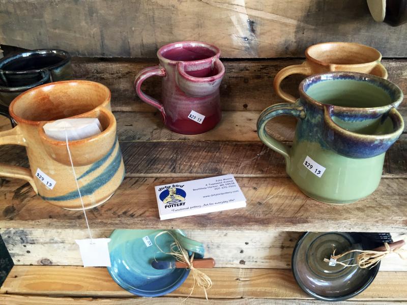Tea mugs with a separate compartment for tea bags is one of Dirty Bird’s bestsellers. SUZI THAYER/Boothbay Register