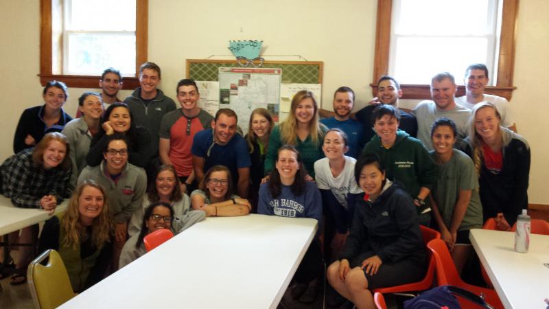 Bicyclists with the Bike and Build program settle in at the Methodist Church. Courtesy of Maggie Tourtillotte