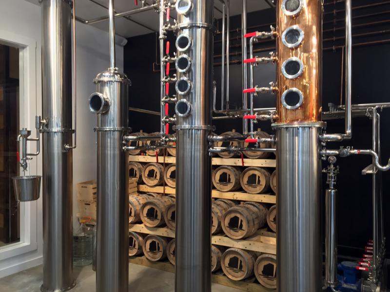 The whiskey column, right, vodka column, gin basket and condenser in the production room at Split Rock Distillers in Newcastle. SUZI THAYER/Boothbay Register