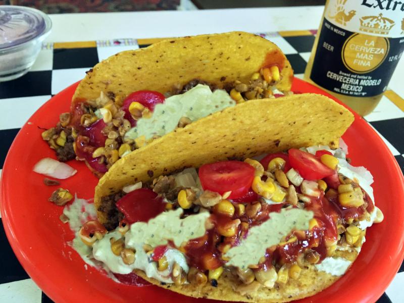 Taco Tuesday at my house. White corn tortillas, spiced ground beef, tomatoes, roasted corn and a sour cream avocado mixture with lime juice, cumin and cilantro. SUZI THAYER/Boothbay Register