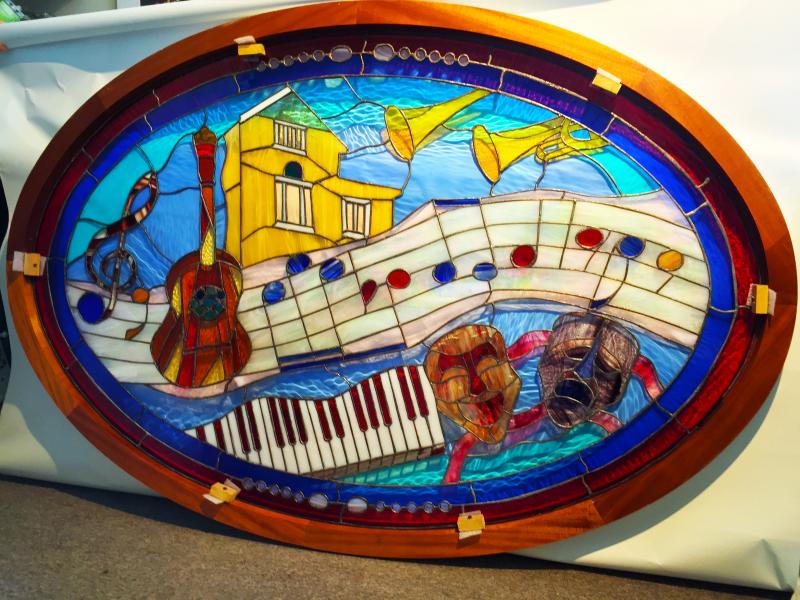 Local stained glass artisan Richard Macdonald’s new window for the Opera House at Boothbay Harbor. SUZI THAYER/Boothbay Register