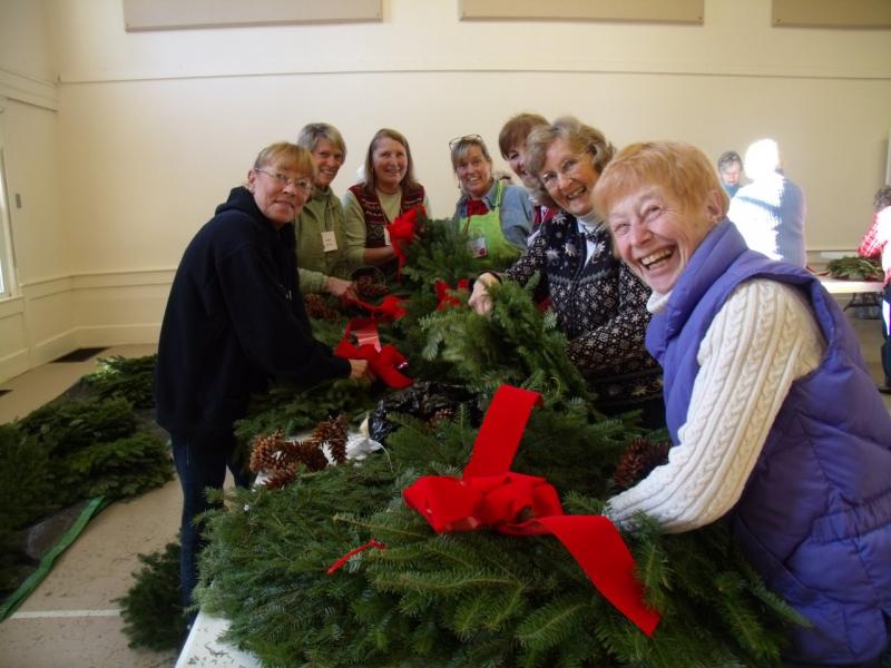 Boothbay Region Garden Club members prepare wreaths for local municipal buildings and post offices during the winter holiday season. Courtesy photo.