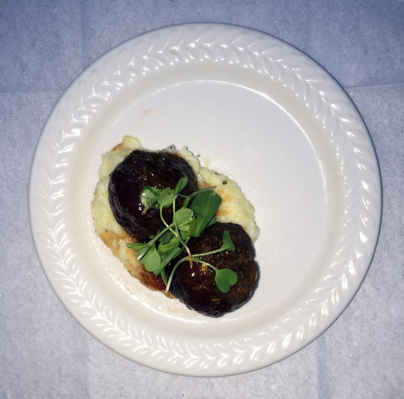 Venison meatballs with a red wine gastrique and fricassed white beans with fresh lemon ricotta was one of the dishes served at Linekin Bay Resort on July 21. Courtesy of Cherie Scott