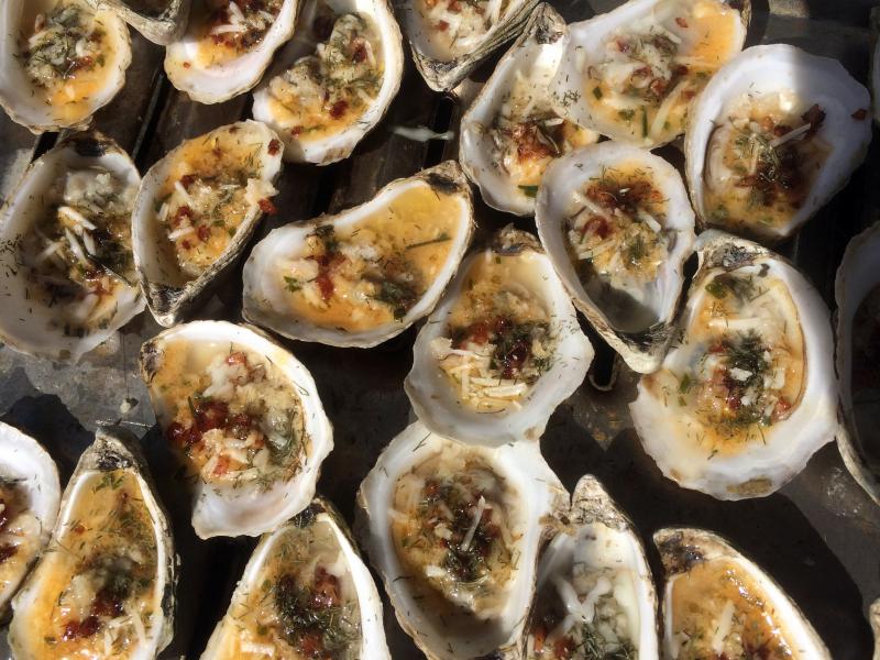 One of oyster farmer and great cook Jon Lewis’ roasted oyster concoctions: butter, garlic, crispy pancetta, panko, fresh dill, grated parmesan, a dash of lemon. Courtesy of Jon Lewis