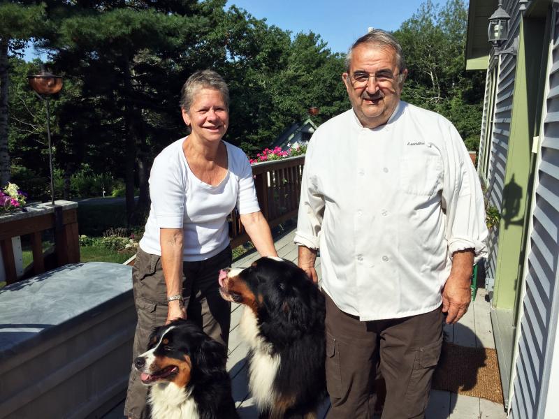 Roni and Mario De Pietro at their home with their dogs, Rosie and Max. SUZI THAYER/Boothbay Register