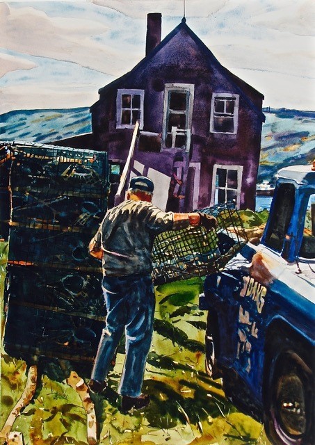 Michael Vermette, “End of the Season--Stacking Traps,” 36” X 26” watercolor on paper. An example of the artists new paintings from his upcoming show “Working Harbors,” at Gleason Fine Art. Show run Sept. 2-Oct. 11. Courtesy of the gallery Michael Vermette