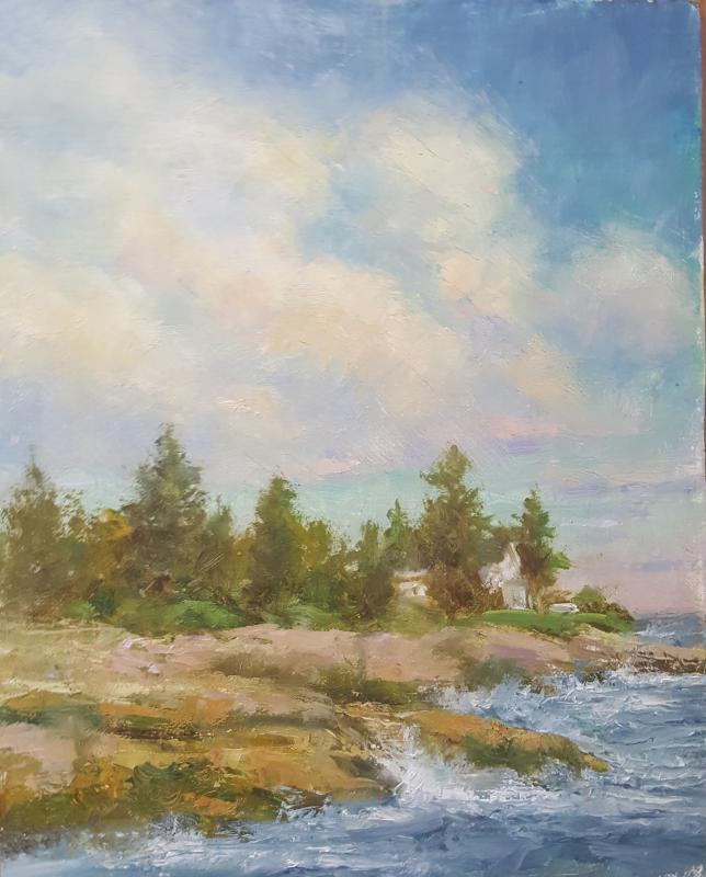 Mitch Billis’ “Clouds over Ocean Point,” 10” x 8” oil on canvas on board is one of the artist’s “Postcards” in his new show in many a moon opening at Gleason Fine Art on Sept. 2. Billis shares the spotlight with artist/educator Michael Vermette. Courtesy of Gleason Fine Art
Mitch Billis