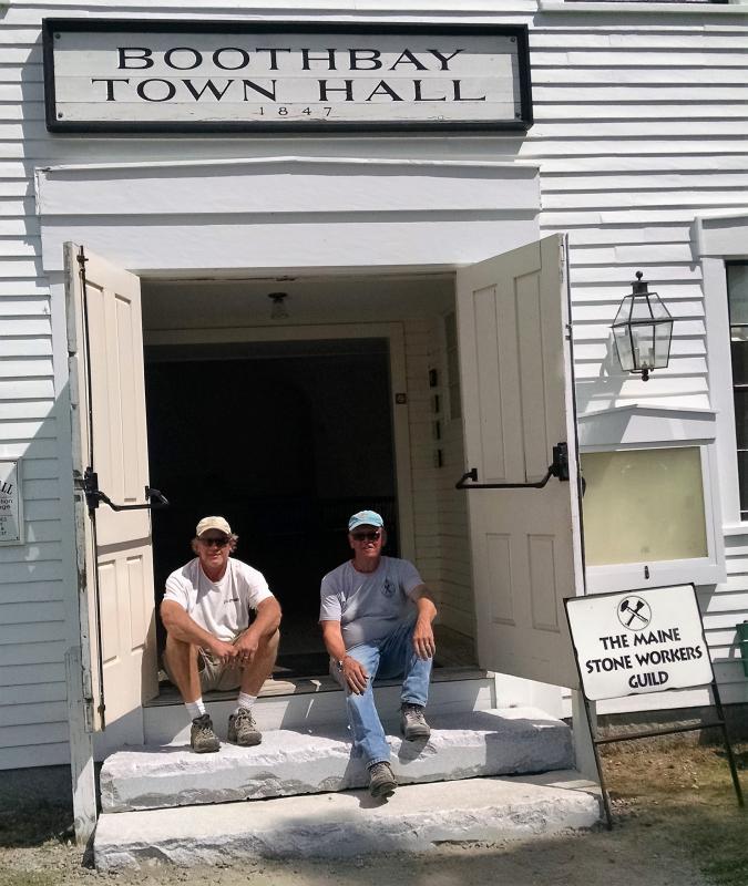 Dan Ucci, left, of Ledge Hill Creations and Dick Alden of Starfish Studios in Boothbay, both members of the Maine Stone Workers Guild, resting after the final four hours of work of setting the North Jay White Granite stone stairs on Aug. 25. Photos courtesy of Margaret Hoffman
Don Ucci and Dick Alden Maine Stone Workers Guild