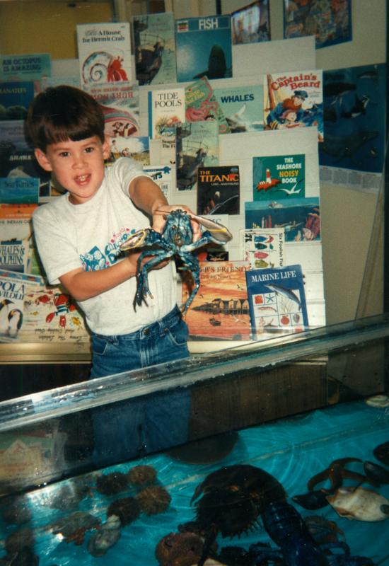 Timothy L. liked the blue lobster and baby lobster best from the “Sea Comes to the Classroom” saltwater tank in November 1997. Courtesy of Elaine Jones