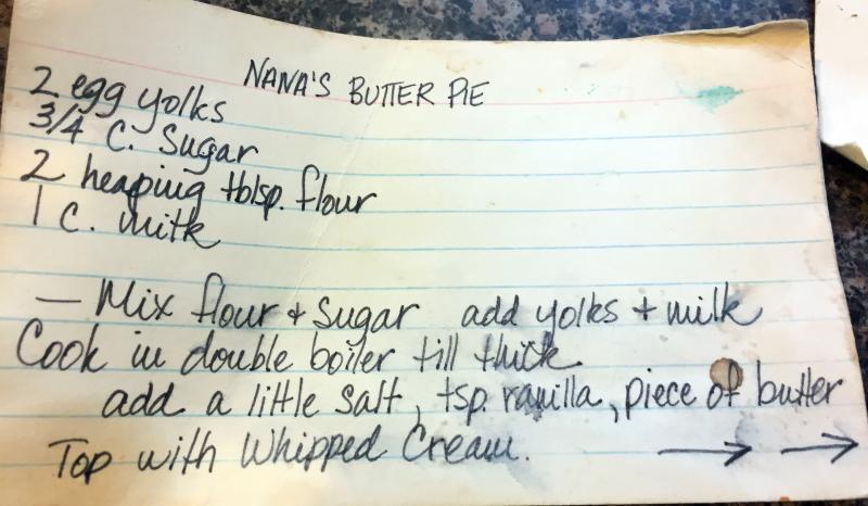 My old recipe card with two mysterious arrows pointing to the back. Turned out to be an unprintable addition from ex-boyfriend Joe Williamson. SUZI THAYER/Boothbay Register