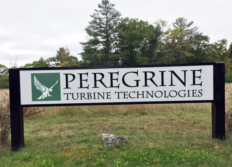 The sign on Birch Point Road in Wiscasset, at the turnoff to Peregrine Turbine Technologies. SUZI THAYER/Boothbay Register