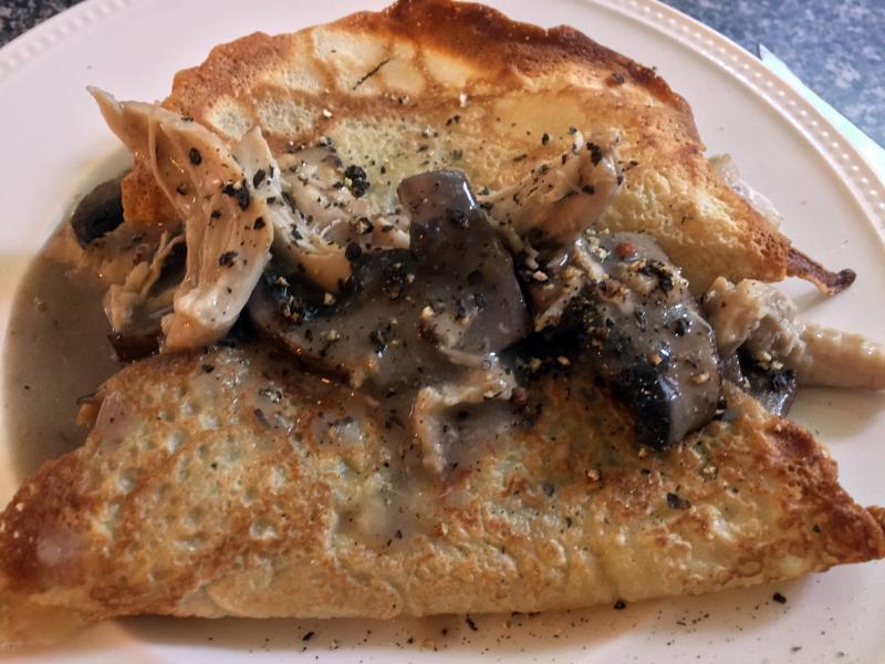 Crepes with chicken and portobello ‘shrooms in a sherry white sauce. SUZI THAYER/Boothbay Register
