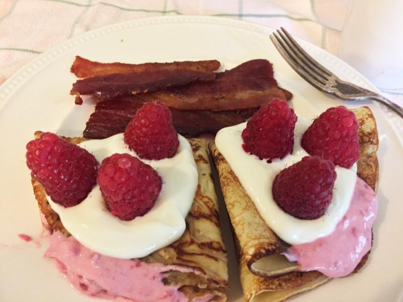 I had leftover raspberry lemon mascarpone crepes and bacon for breakfast. Hello. SUZI THAYER/Boothbay Register