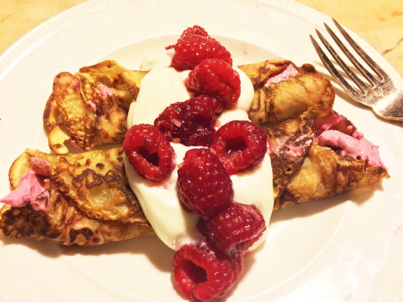 Crepes Suzi: Raspberries, mascarpone lemon juice and sugar, topped with a spoonful of noosa lemon yogurt and more raspberries. SUZI THAYER/Boothbay Register