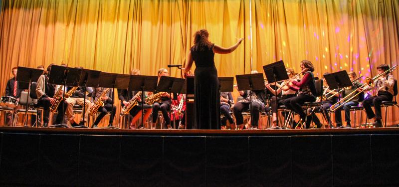 Sarah Foster conducts the BRES/BRHS holiday band concert. DIANE DORBIN/Boothbay Register BRES/BRHS Holiday Band Concert