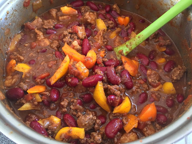 Pretty chili — with sweet orange and yellow peppers — is great on a pretty chilly day. SUZI THAYER/Boothbay Register