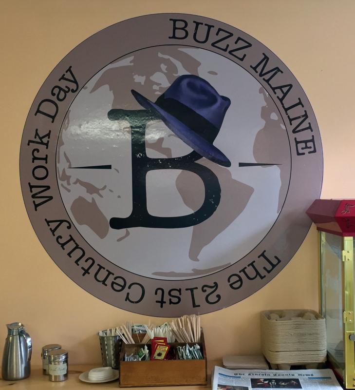 BUZZ MAINE’s logo on a wall in the coffee shop at the new business in Damariscotta. SUZI THAYER/Boothbay Register