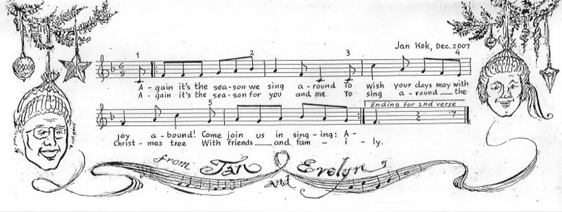 The season we sing a-round ... and with joy abound, a Christmas card illustrated by Evelyn Kok and composed by Jan Kok of the 1960s children’s "Music Theater" program. Courtesy of Christina Shipps