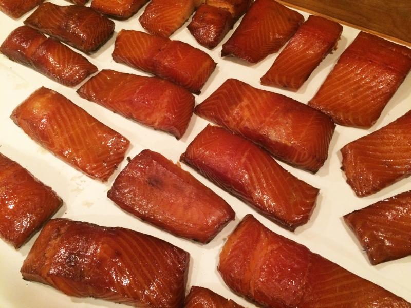 A few of the approximately 150 pieces of Jon Lewis’ smoked salmon. Raw salmon fillets ready for the brine. Courtesy of Jon Lewis