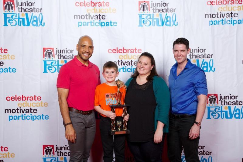 Pictured in “Outstanding in Ensemble Work –Boothbay Region YMCA Y-Arts, from left: Michael Bobbit, producing Artistic Director at Adventure Theatre MTC, Boothbay student Spencer Pottle, Emily Mirable, composer/lyricist Matthew Lee Robinson (Atlantis, Happy People). Courtesy photo