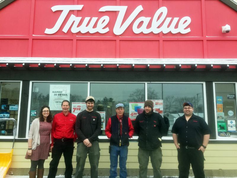 Audrey Blagdon, left, with Wayne, Sumner, Jeff, Mike and Dan Averill, all part of the Ames family, in front of their store, Ames True Value in Wiscasset. SUZI THAYER/Boothbay Register