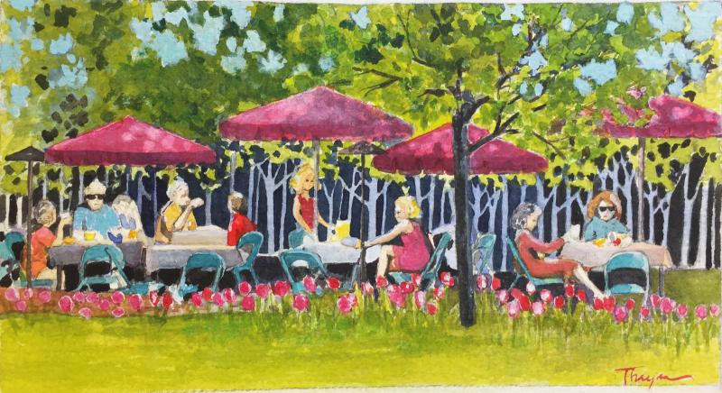 An outdoor cafe in Quebec City, where I had breakfast one morning 20 years ago. Painting by Suzi Thayer