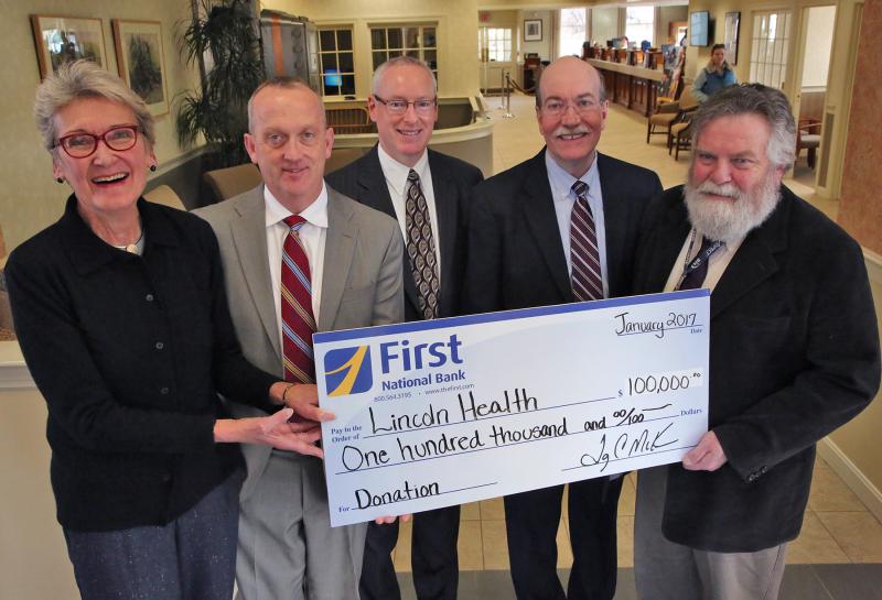 Holding a mock donation check are, from left, LincolnHealth Board Member Marva Nesbit, First National Bank CEO Tony McKim, First National Bank Executive Vice President and Treasurer Rick Elder, LincolnHealth President and CEO Jim Donovan and LincolnHealth Chief Medical Officer Russ Mack. Courtesy of Scott Shott/LincolnHealth