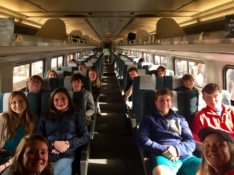 BHRS students take up most of one car in the Downeaster as it takes them to New Hampshire. Courtesy of Kerrin Erhard/BRHS