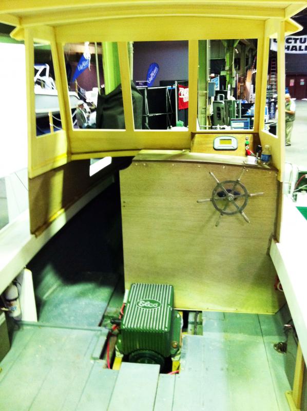 The interior of the Electra, a 23-foot electric lobster boat, showing the Elco Marine AC electric motor that drives it. Courtesy of Eric Graves/Boothbay Harbor Shipyard