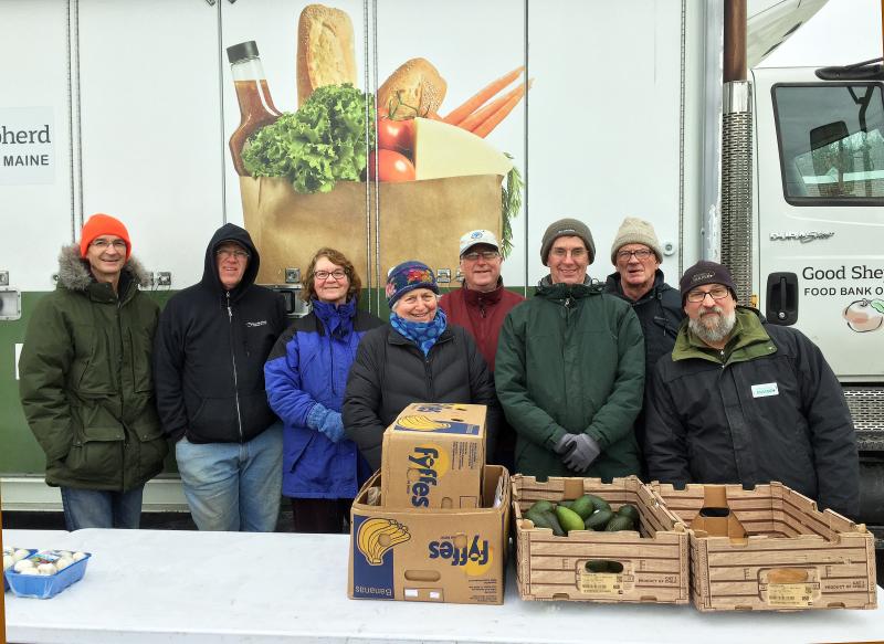 The team of volunteers at the Good Shepherd Food Mobile distribution on March 2 were, from left, Robert Jordan, Andy Poulin, Laurie Bean, Betsy Wing, Fleet Davies, Greg Barter, Nat Wing and Steve Granholm. Not shown are Brad Hastings, Ken Fitch and Gordon Goldsmith. SUZI THAYER/Boothbay Register