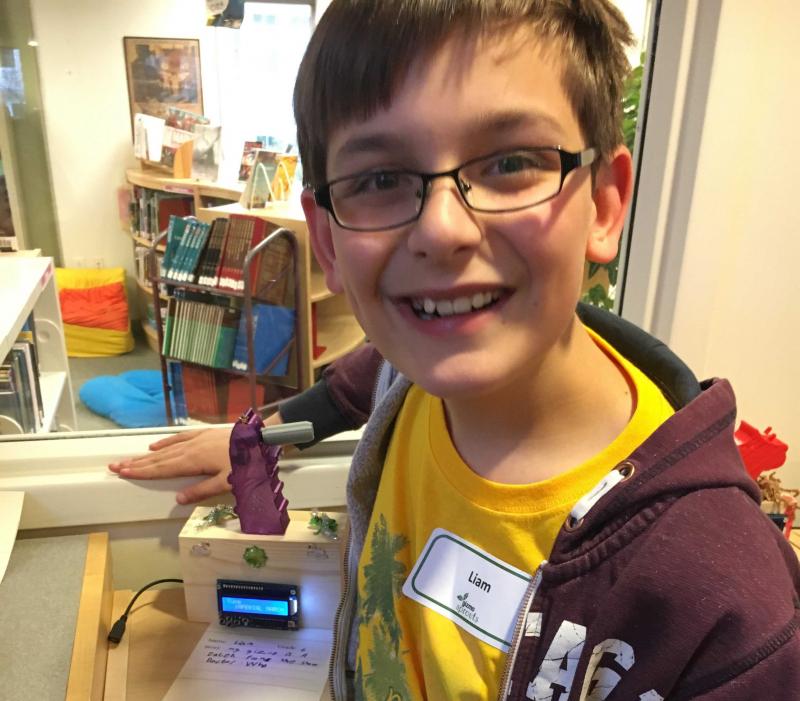 Liam Allen of Wiscasset Elementary School demonstrates his Print-a-Pet robot. Courtesy photo