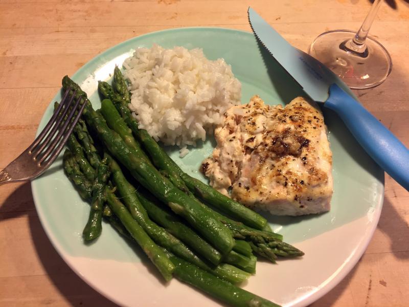Dinner the night before: roasted salmon with horseradish, asparagus and rice. SUZI THAYER/Boothbay Register