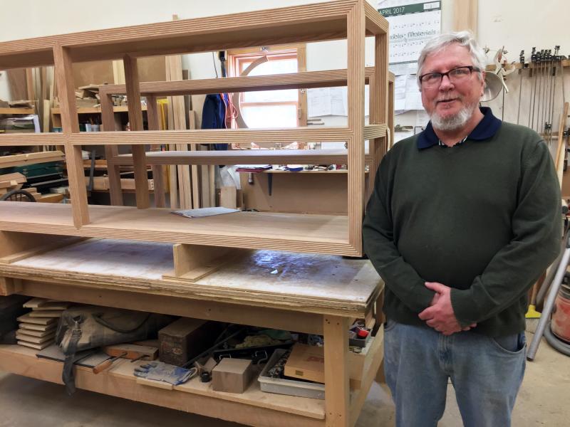 Mike Elkins at his furniture manufacturing facility on Industrial Park Drive in Boothbay. SUZI THAYER/Boothbay Register
