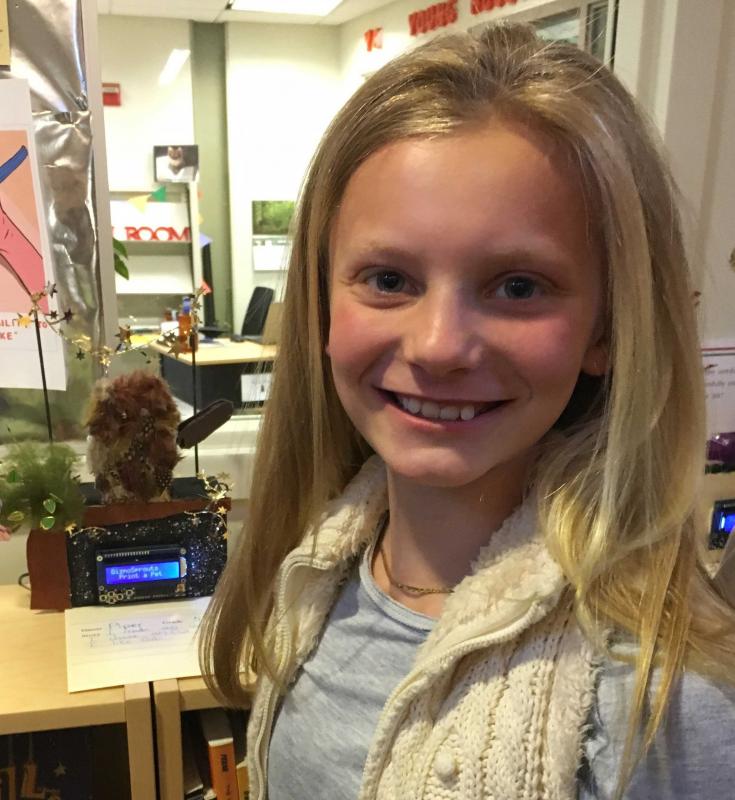 Piper Carleton of Edgecomb Eddy School’s fifth grade presents her owl design at Skidompha. Courtesy photo