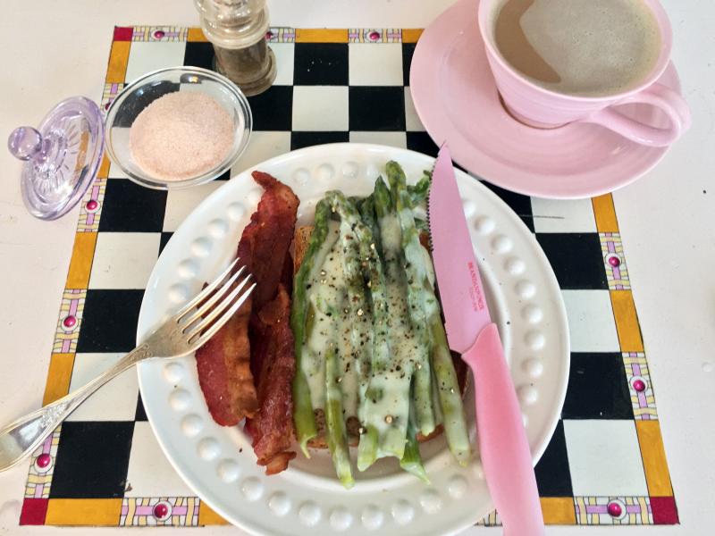 Creamed asparagus on toast, with bacon on the side, and a cup of cappuccino, is a ridiculous breakfast. SUZI THAYER/Boothbay Register