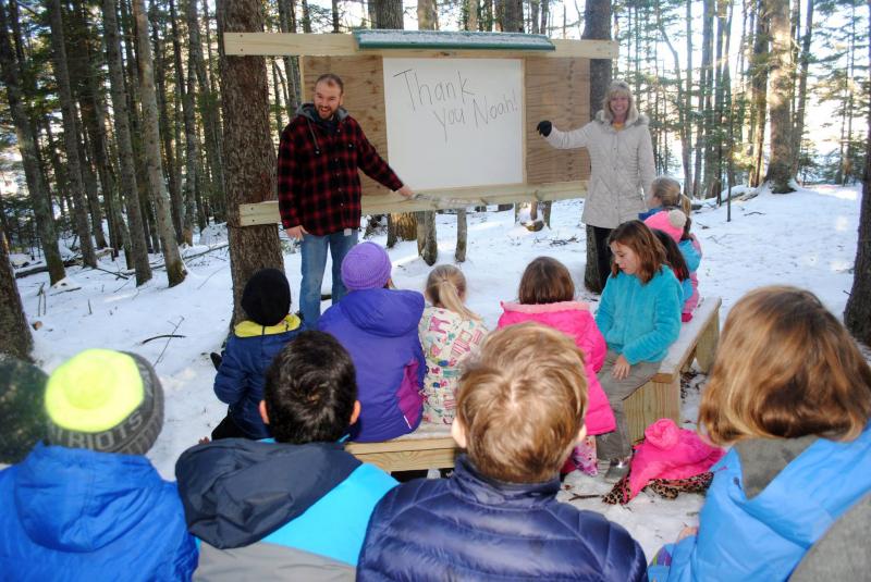 Students and staff of Southport Central School thank Noah Sherburne for building them an outdoor classroom. Courtesy of Noah Sherburne