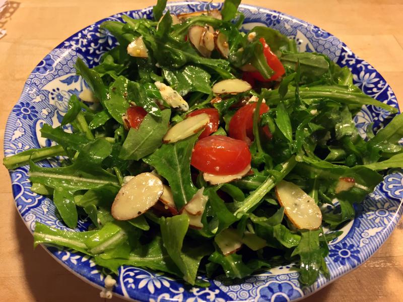 Arugula salad with grape tomatoes, sliced almonds and blue cheese. Yum! SUZI THAYER/Boothbay Register