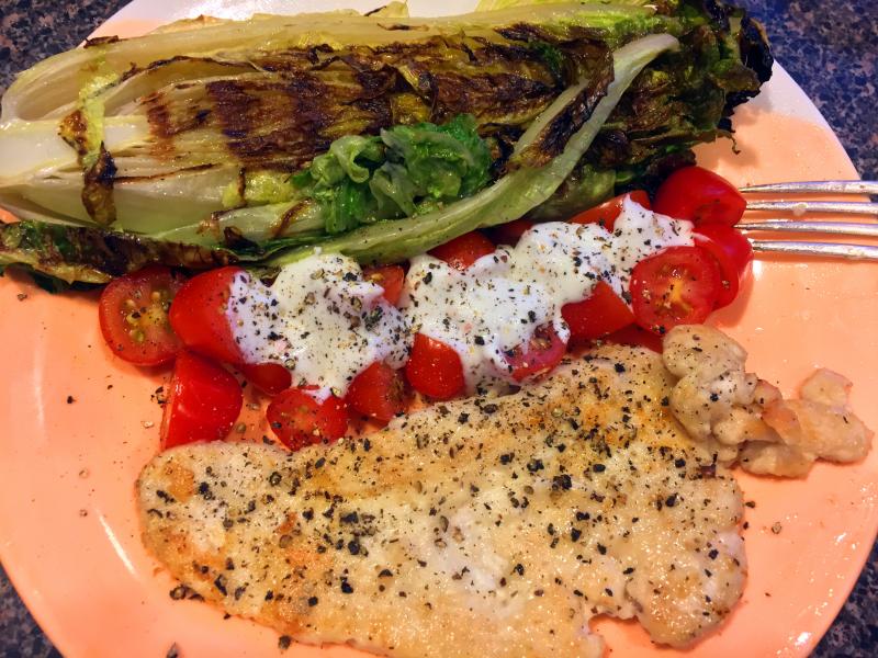 Sautéed romaine lettuce with pan-fried chicken breast, and some grape tomatoes with lemon greek yogurt. SUZI THAYER/Boothbay Register