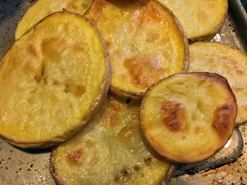Roasted sliced yellow potatoes — sweeter than their white cousins. SUZI THAYER/Boothbay Register