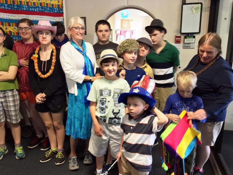 Toby LeConte, right, special education teacher, with some of her students, wait for the seniors. SUZI THAYER/Boothbay Register