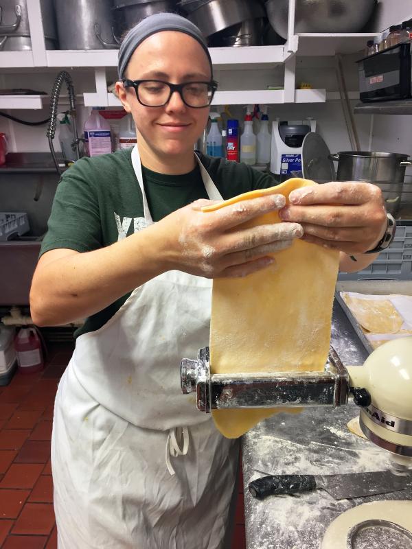 Sous Chef Alicia Valcaniant makes fresh pasta in the kitchen at Carriage House Restaurant on June 21. SUZI THAYER/Boothbay Register