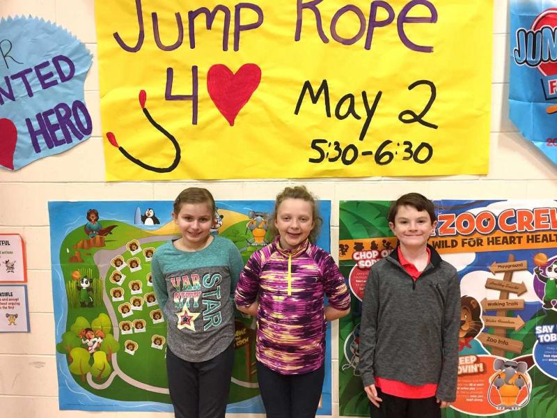 BRES students, from left, Maria Michael, Suzie Edwards and Clayton Splaine gathered the most donations for the Jump Rope for Hearts event. STEVE EDWARDS/Boothbay Register