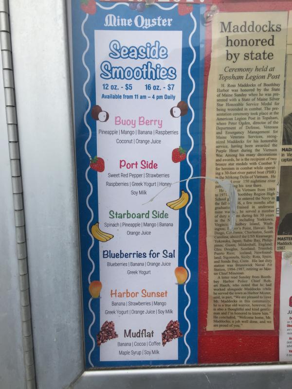 Christie Gillies Seaside Smoothies menu at Mine Oyster. SUZI THAYER/Boothbay Register