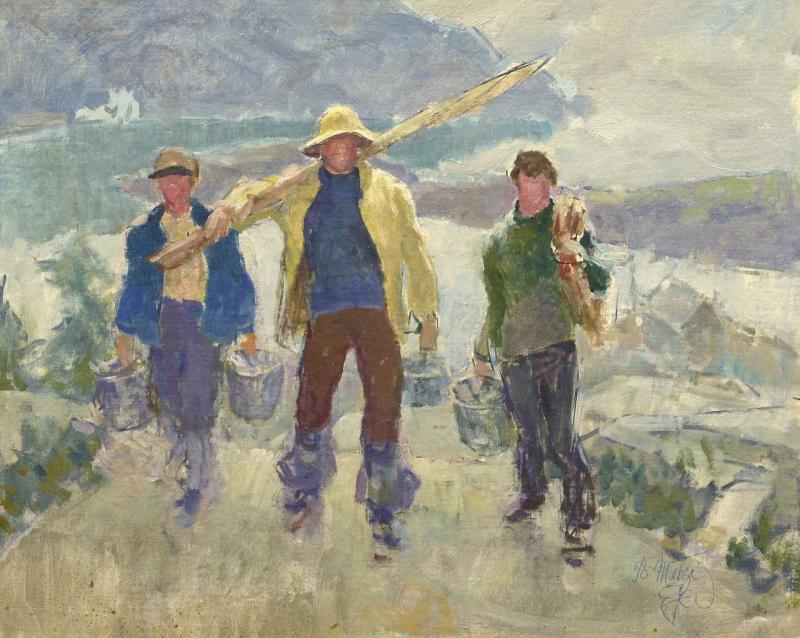 “Monhegan Fishermen,” oil on canvas on board, 16” x 20” - by American Impressionist Edmund Ward will be on display at Wiscasset Bay Gallery Aug. 8-Sept. 30. Courtesy of the gallery Edmund Ward