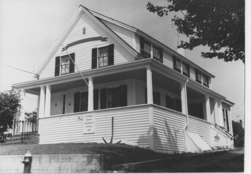 The Hyde house when it housed the historical society from 1972 to 1984. The society's banner sign above the second story windows was made at Goudy & Stevens shipyard and was used on the north side of the Oak Street museum also. The lower sign continued in use on Oak Street until 1990. I believe the Hyde house has housed the library's used bookstore for at least 25 years. Courtesy of the Boothbay Region Historical Society