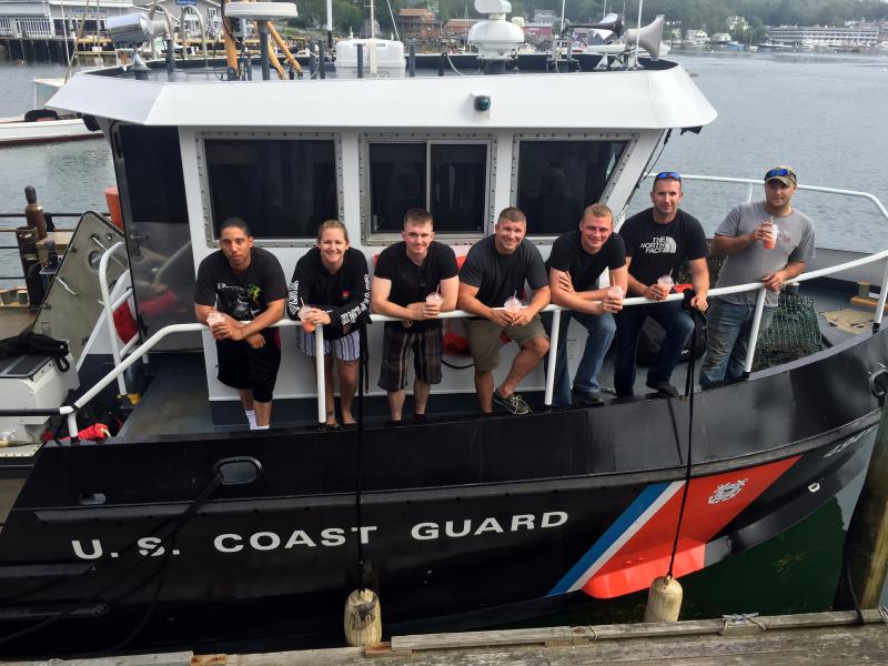 A crew from the Boothbay Harbor Coast Guard station stops by for smoothies on July 18. Courtesy of Kim Gillies