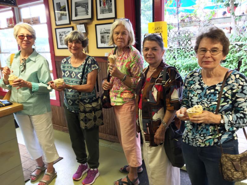 This group of women, most from Texas and one from New Hampshire, came to Cameron Clan Kettle Corn in Wiscasset, for some Annabelle’s Ice Cream on July 12. SUZI THAYER/Boothbay Register